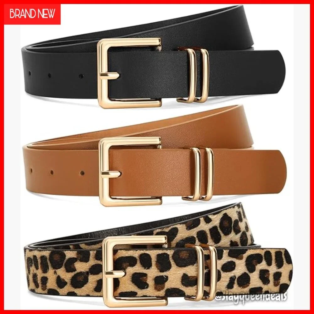 3 Pack Women's Faux Leather Belts Gold Square Buckle 1.1 Inch Wide Sizes 25-57 - Picture 1 of 7